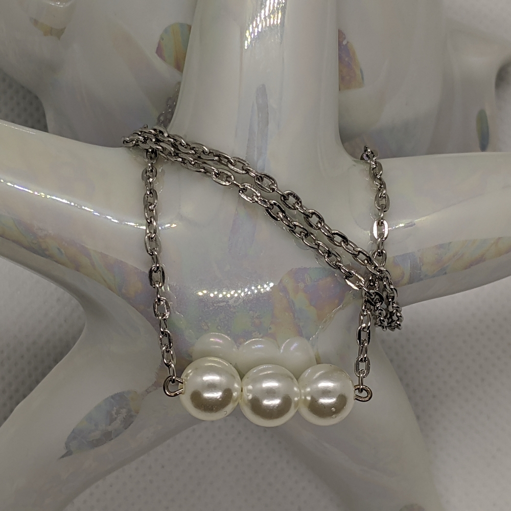 3 Pearl Necklace on Silver Chain